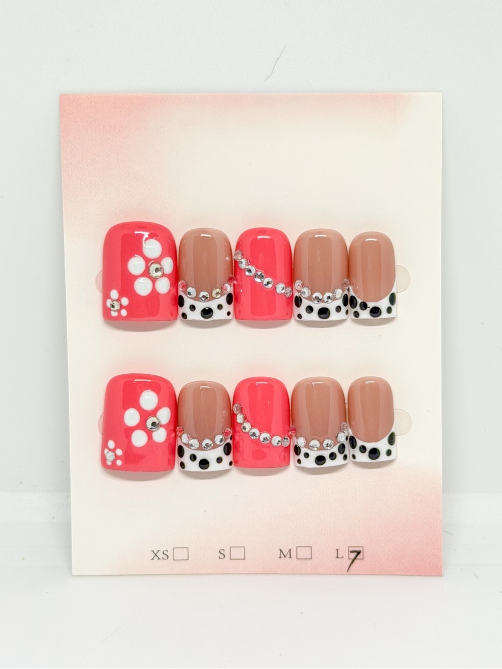 Coral Pink & Nude Rhinestone Press-On Nail Set